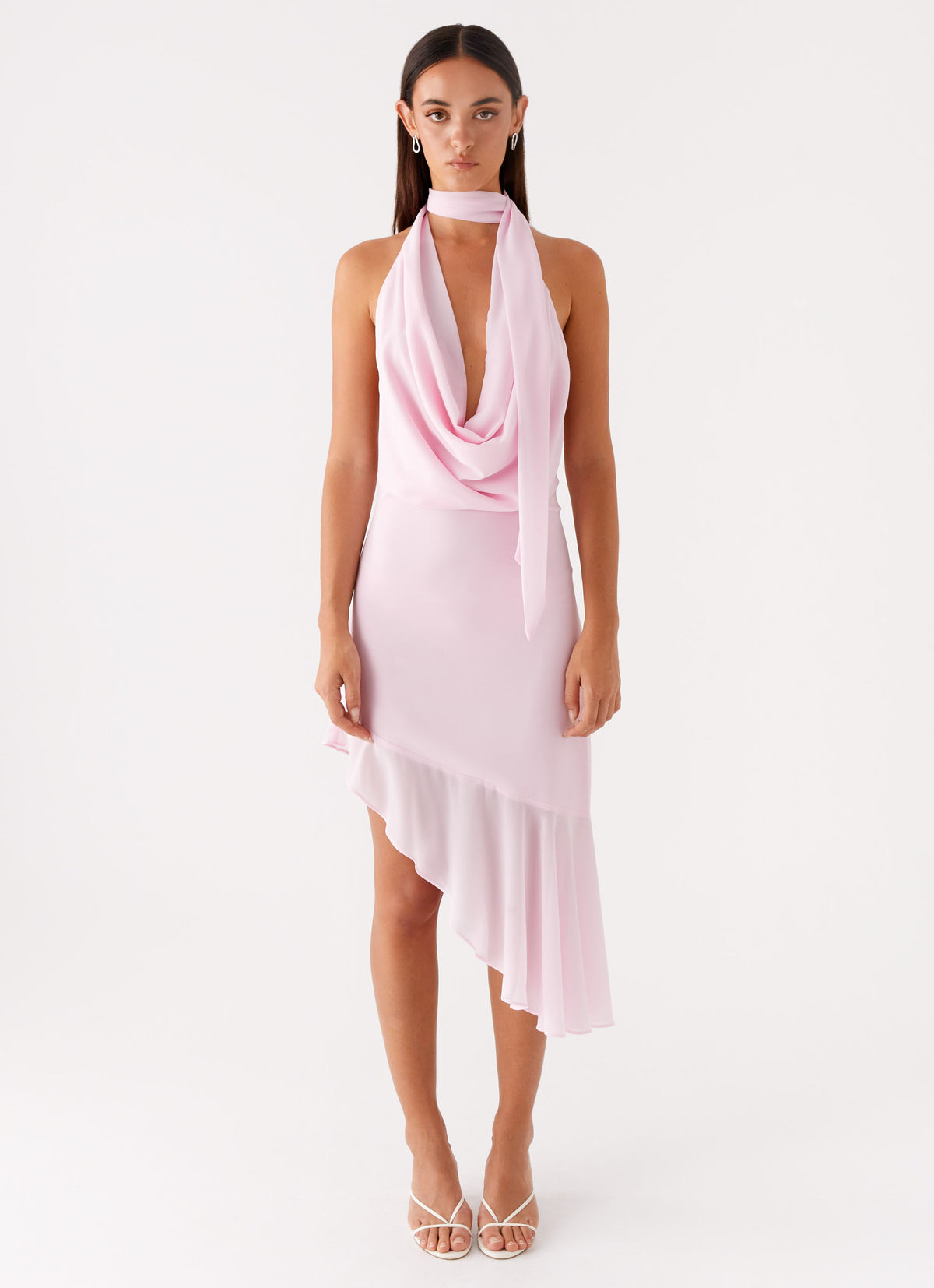 midi dress with scarf Ivory Mesh Draped Ruched Maternity Ankle length Ivory Chiffon Dress - Sleeveless