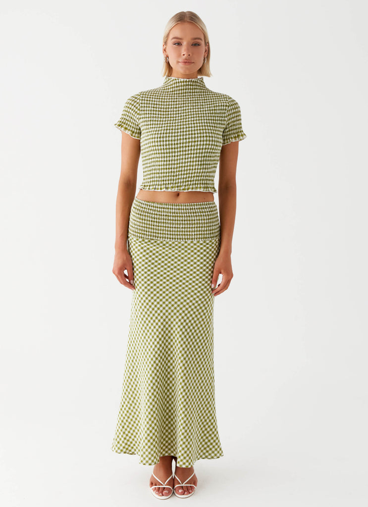 Womens Leilani Maxi Skirt in the colour Khaki Gingham in front of a light grey background