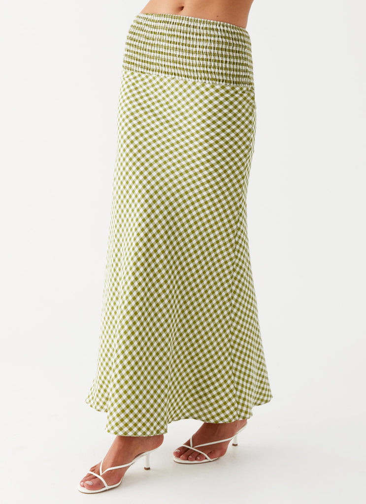 Womens Leilani Maxi Skirt in the colour Khaki Gingham in front of a light grey background