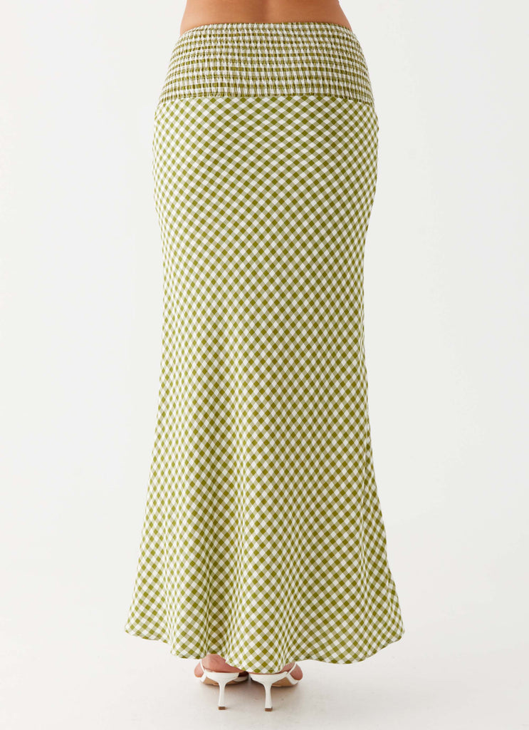 Womens Leilani Maxi Skirt in the colour Khaki Gingham in front of a light grey background