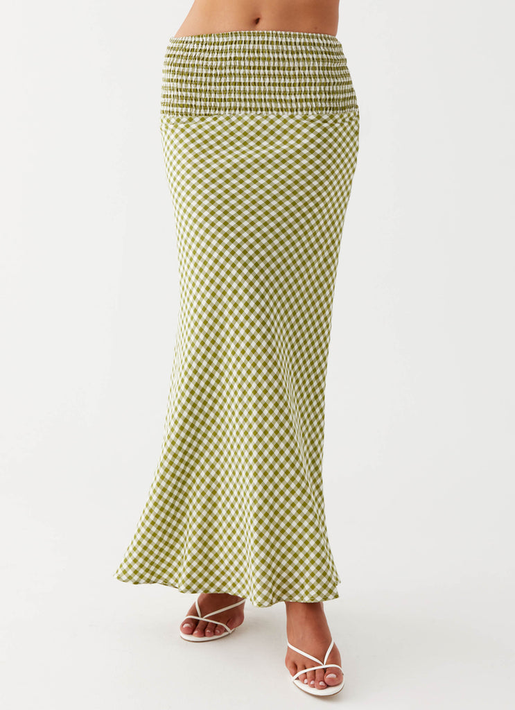 Womens Leilani Maxi Skirt in the colour Khaki Gingham in front of a light grey background