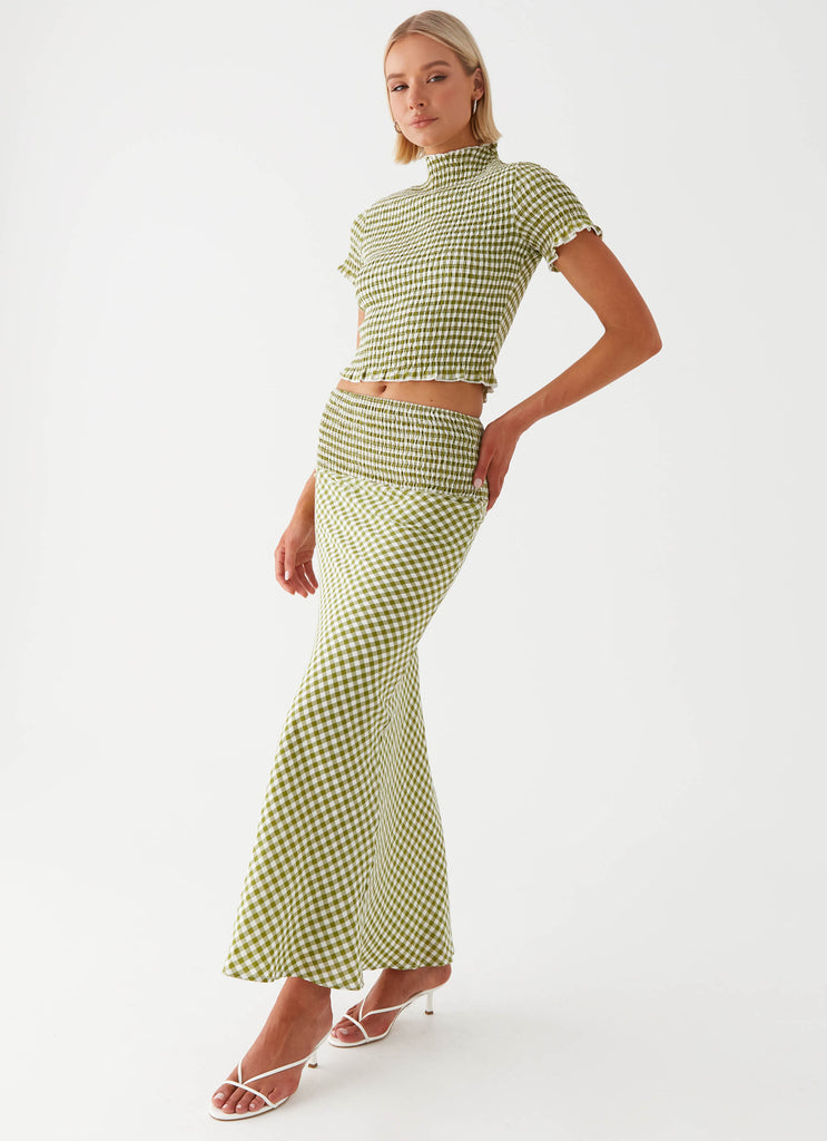 Womens Leilani Maxi Skirt in the colour Khaki Gingham in front of a light grey background