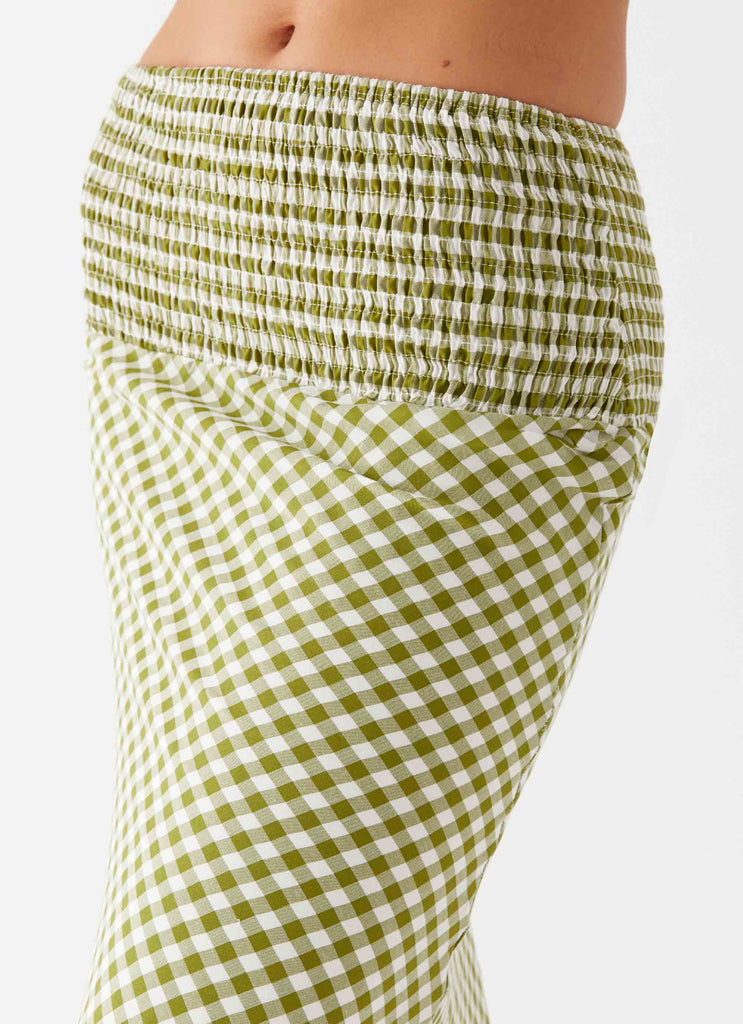 Womens Leilani Maxi Skirt in the colour Khaki Gingham in front of a light grey background