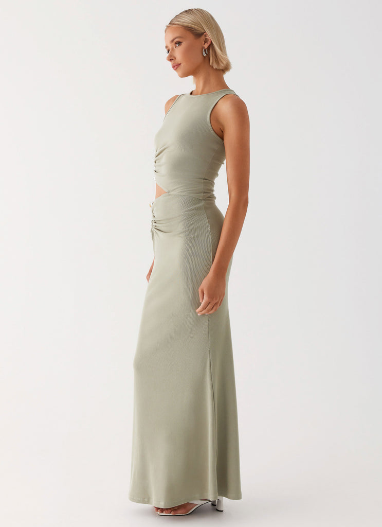 Womens Lennox Maxi Dress in the colour Sage in front of a light grey background