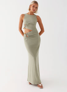 Womens Lennox Maxi Dress in the colour Sage in front of a light grey background