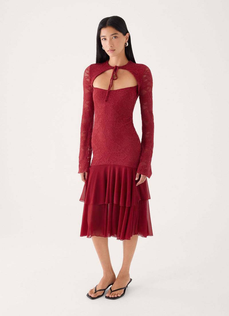 Lenora Lace Midi Dress - Fire Red
