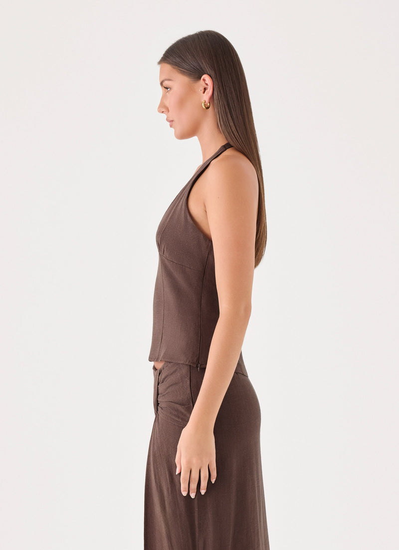 Lielle Linen Halter Top - Chocolate