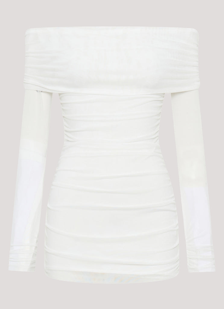 Womens Liquid Spirit Mini Dress in the colour White in front of a light grey background