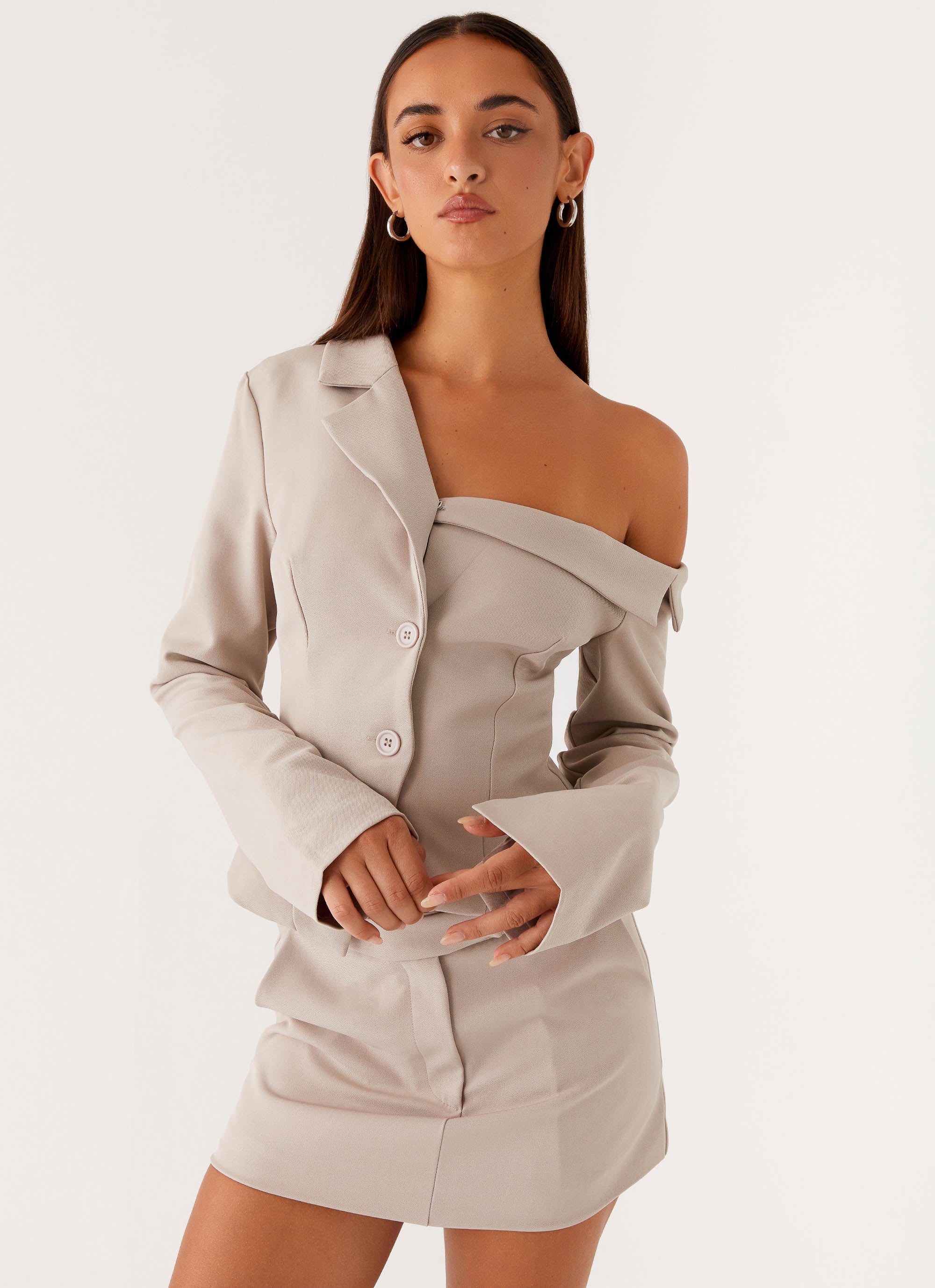 blazer dress off the shoulder BALMAIN Double Breasted Off Shoulder Blazer Dress in Black