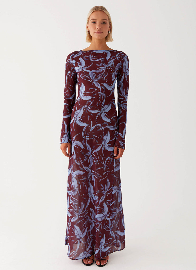 Womens Lorde Maxi Dress in the colour Brown Purple Floral in front of a light grey background