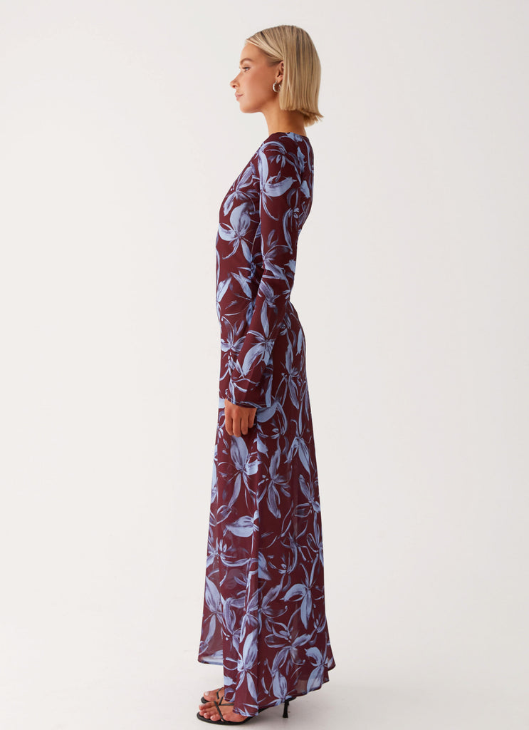 Womens Lorde Maxi Dress in the colour Brown Purple Floral in front of a light grey background