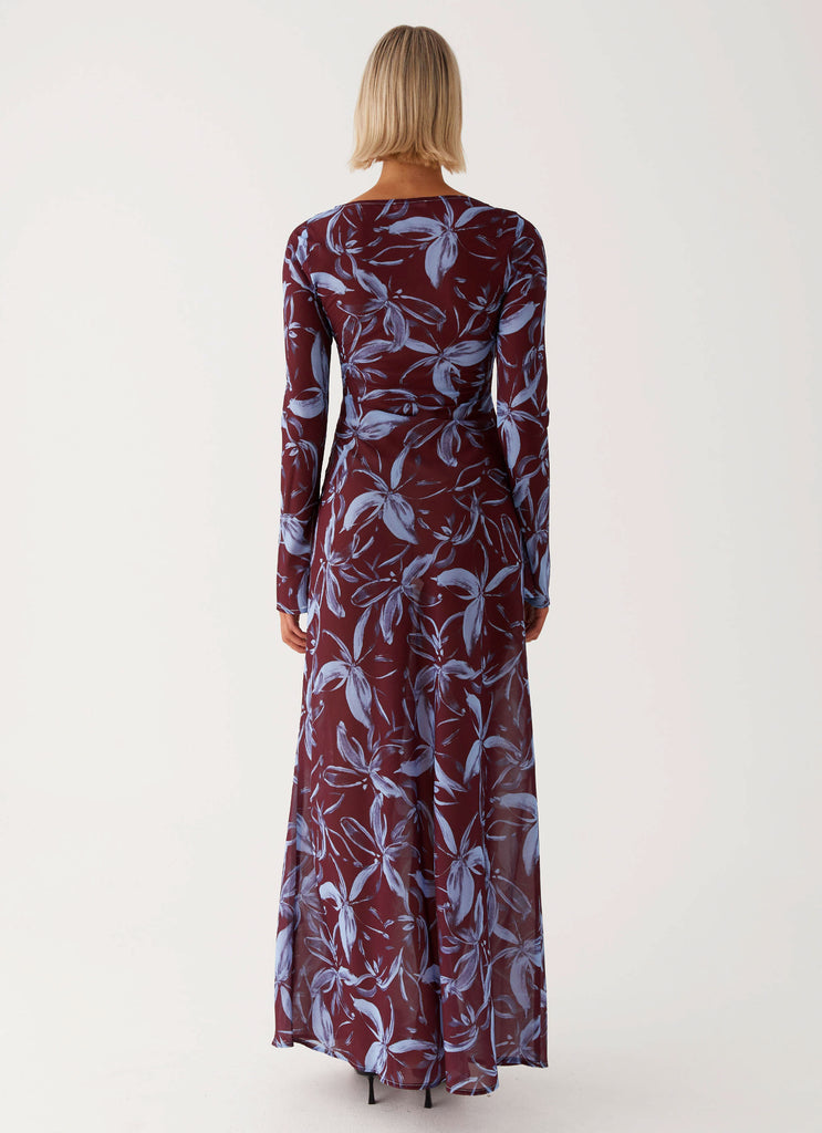 Womens Lorde Maxi Dress in the colour Brown Purple Floral in front of a light grey background