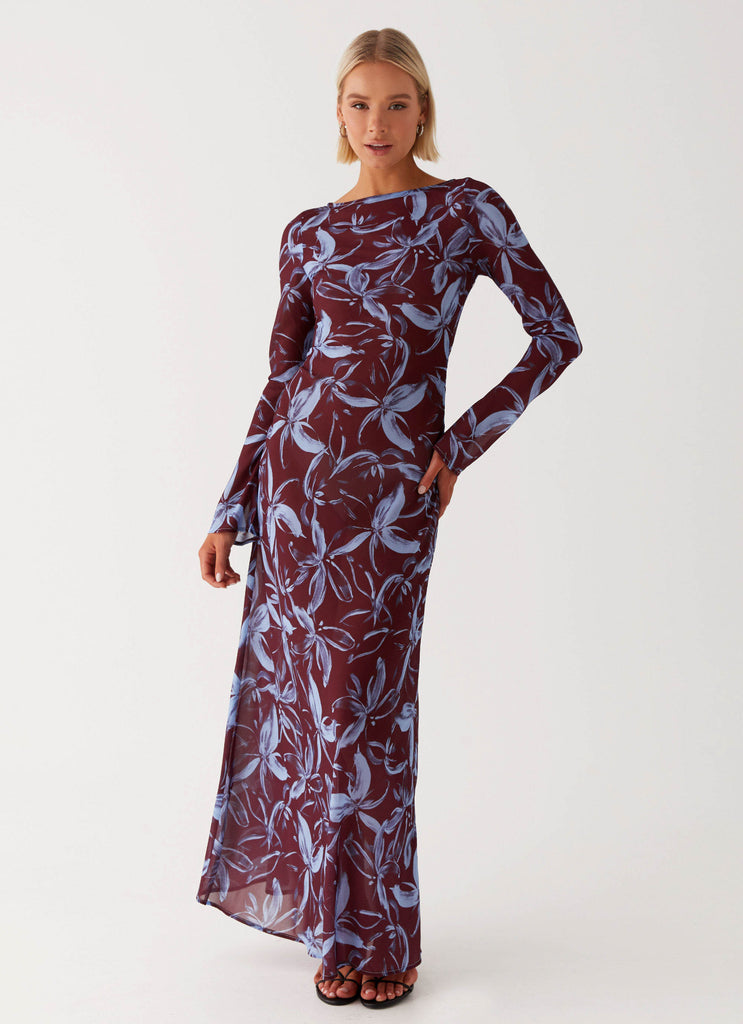 Womens Lorde Maxi Dress in the colour Brown Purple Floral in front of a light grey background