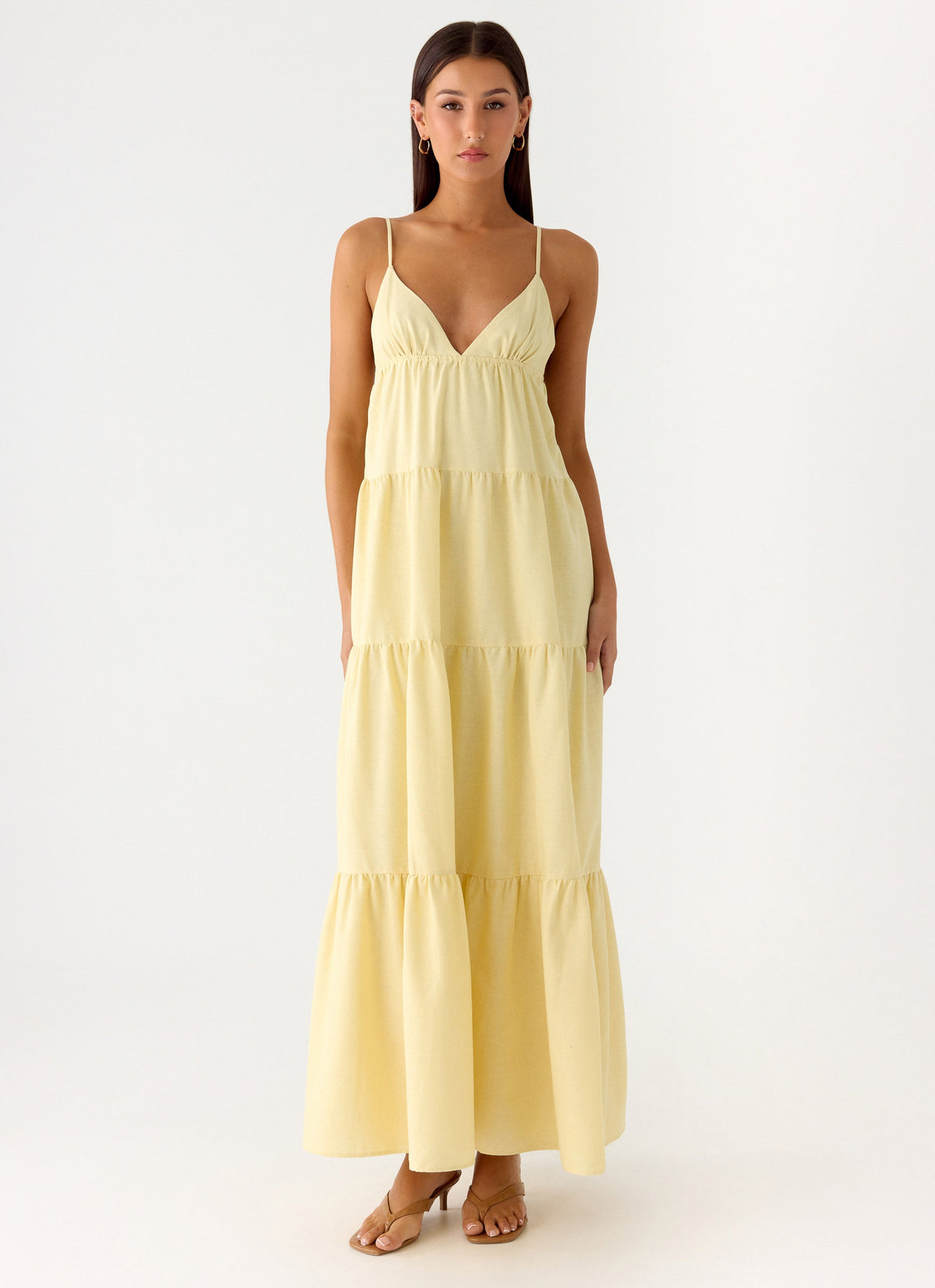 yellow maxi dress casual Monni - US 14 100% Cotton Lined Adjustable spaghetti straps V YELLOW V-NECK MAXI DRESS |