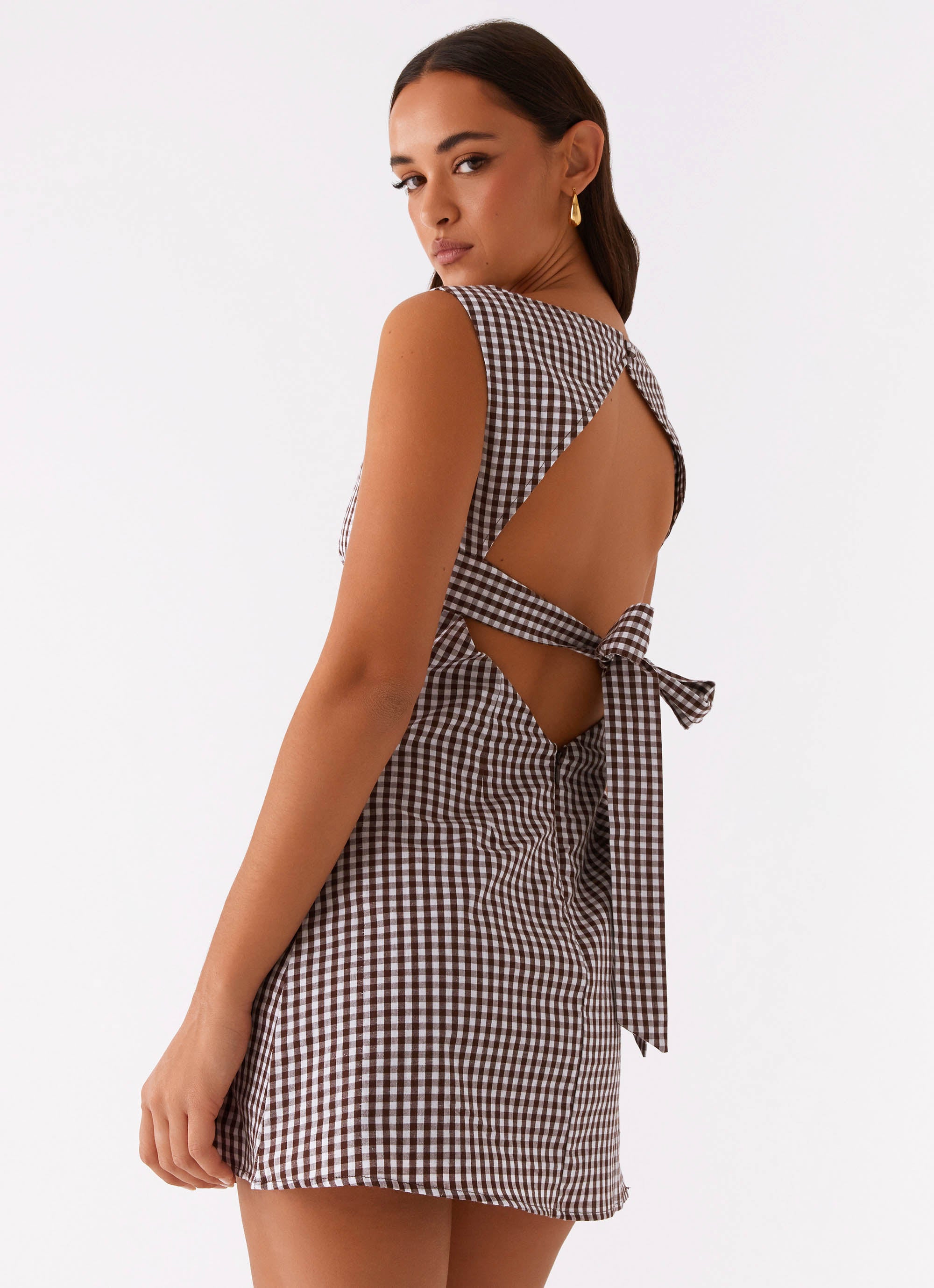 Lotus Tie Back Mini Dress - Chocolate Gingham Peppermayo US Lotus Tie Back Mini Dress - Chocolate Gingham Peppermayo US