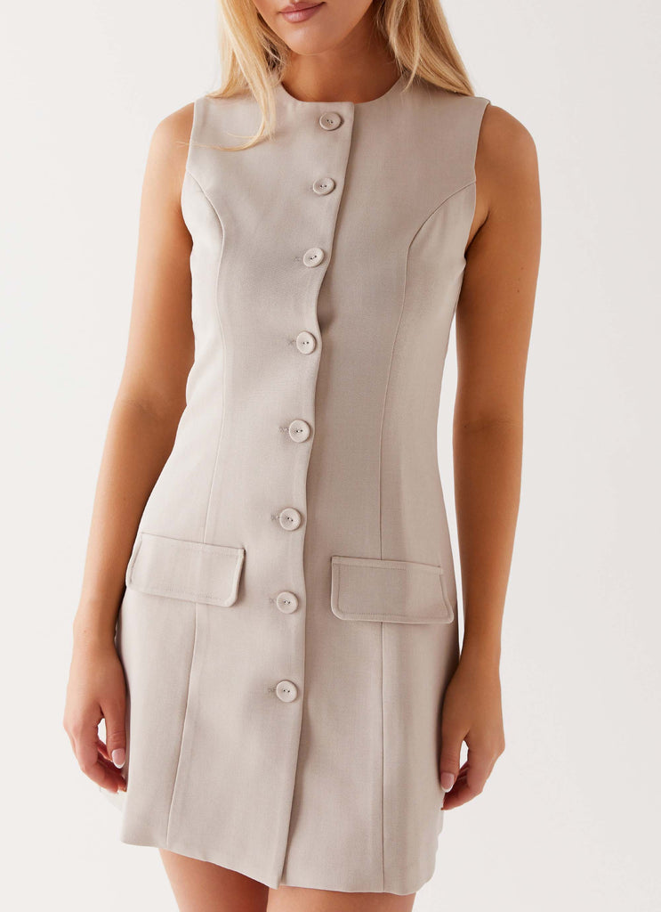 Womens Lou Button Up Mini Dress in the colour Beige in front of a light grey background