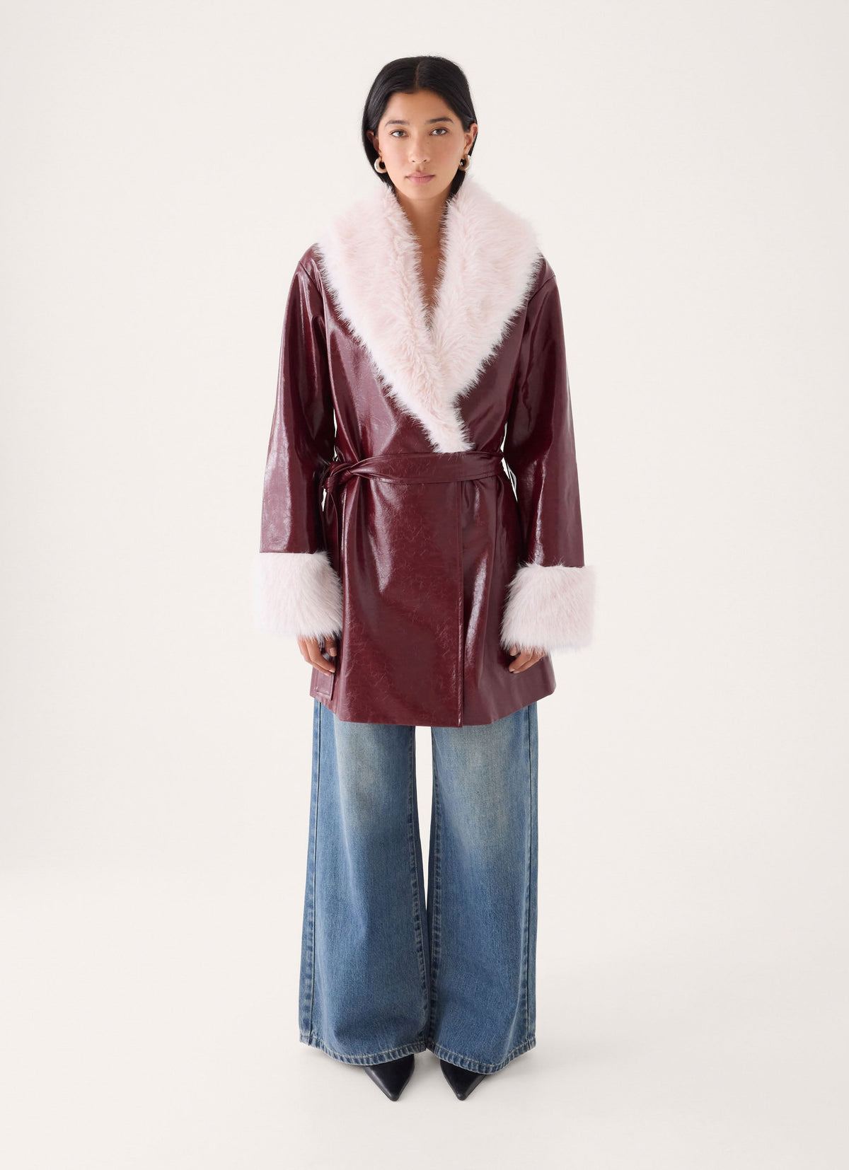 Love Child Faux Leather Wrap Coat - Burgundy