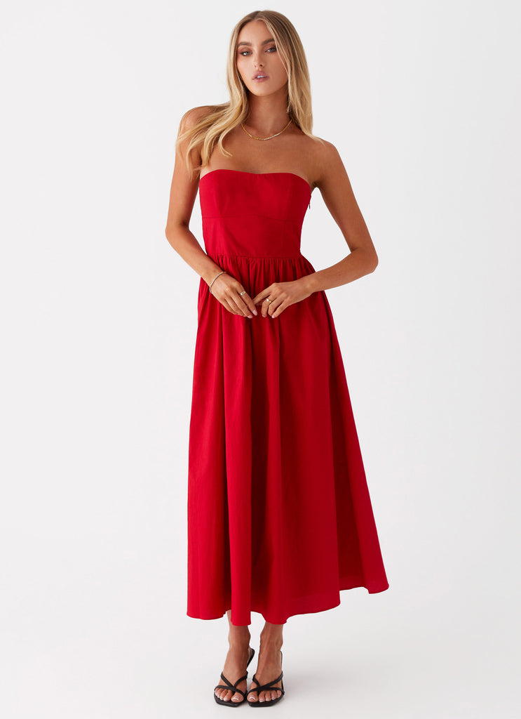 Womens Love Me Later Midi Dress in the colour Red in front of a light grey background