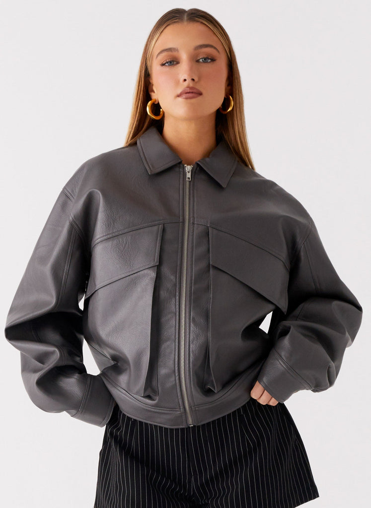 Lula Faux Leather Bomber Jacket - Charcoal