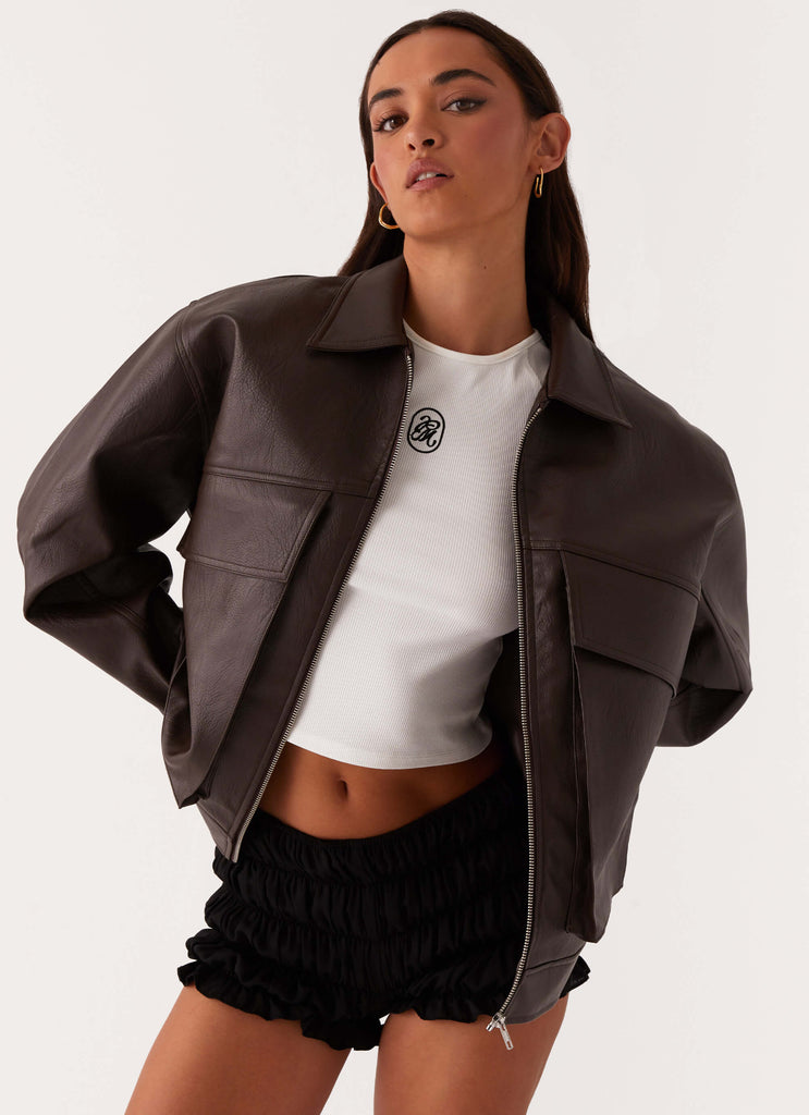 Lula Faux Leather Bomber Jacket - Chocolate