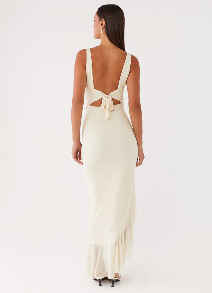 Womens Luna Eclipse Cut Out Maxi Dress in the colour Lemon in front of a light grey background