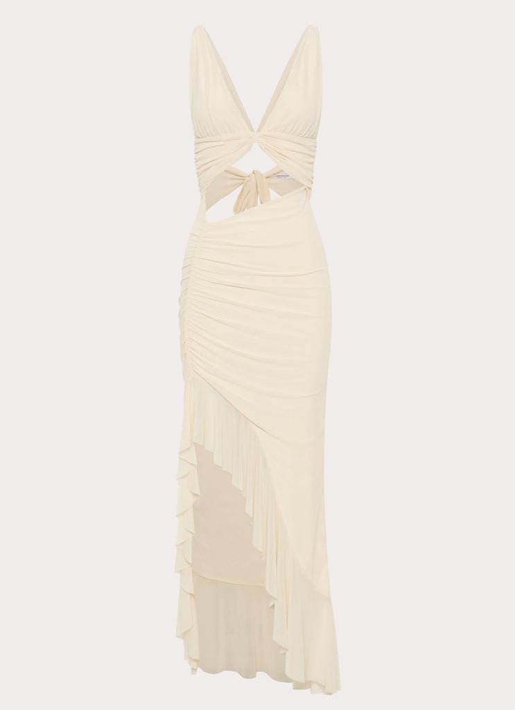 Womens Luna Eclipse Cut Out Maxi Dress in the colour Lemon in front of a light grey background