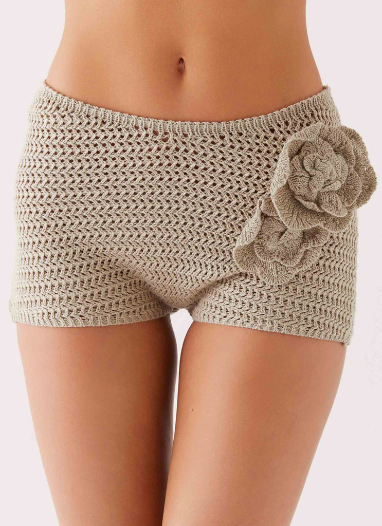 Womens Maia Rose Crochet Mini Shorts in the colour Sage in front of a light grey background