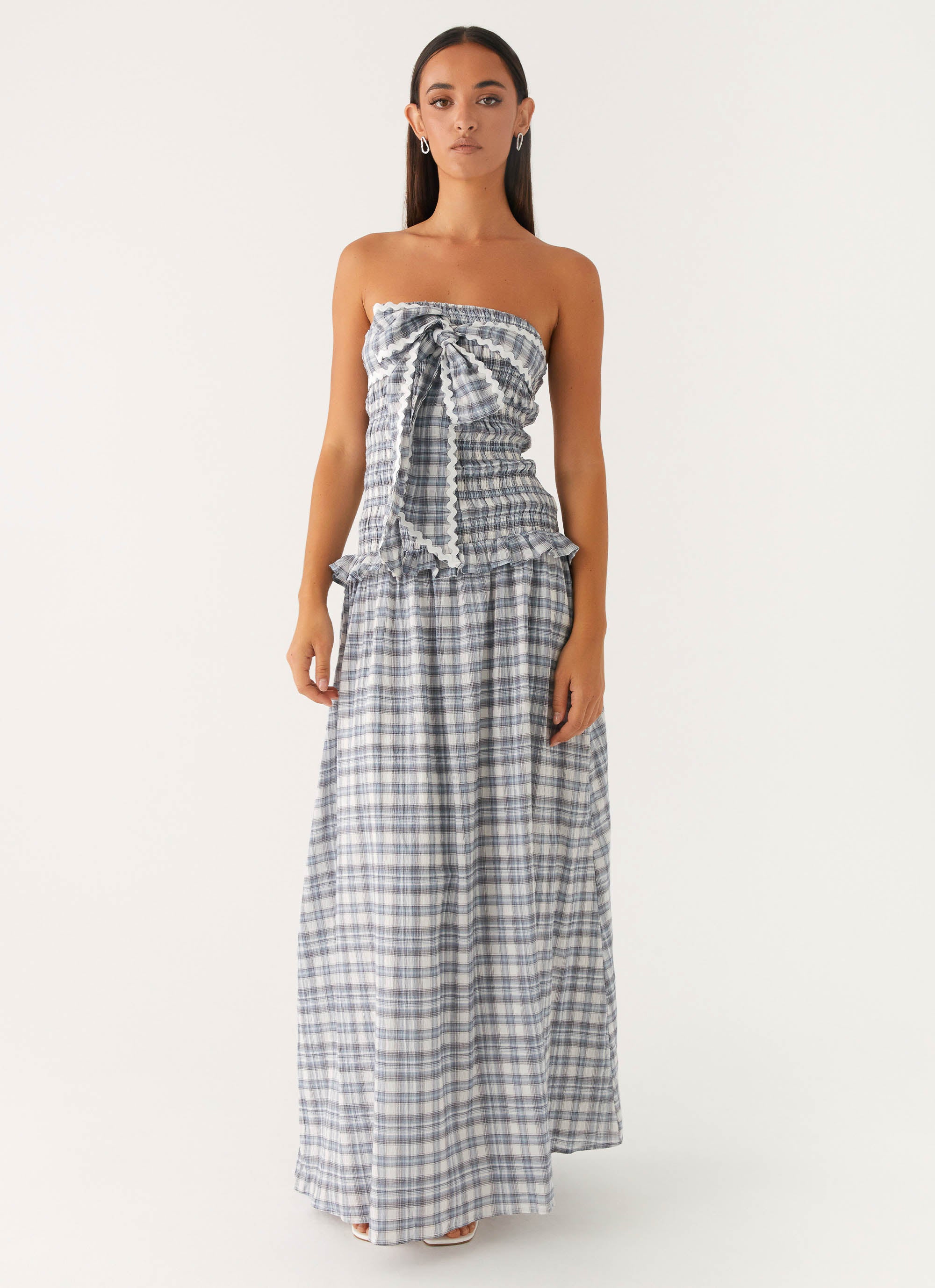 Malia Shirred Maxi Dress - Blue Grey Check Blue Grey Check / US 12 Malia Shirred Maxi Dress - Blue Grey Check Blue Grey Check / US 12