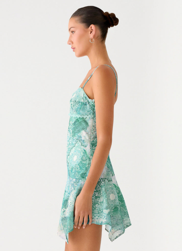Marine Mist Asymmetric Hem Mini Dress - Green Paisley Green Paisley / US 6 Marine Mist Asymmetric Hem Mini Dress - Green Paisley Green Paisley / US 6