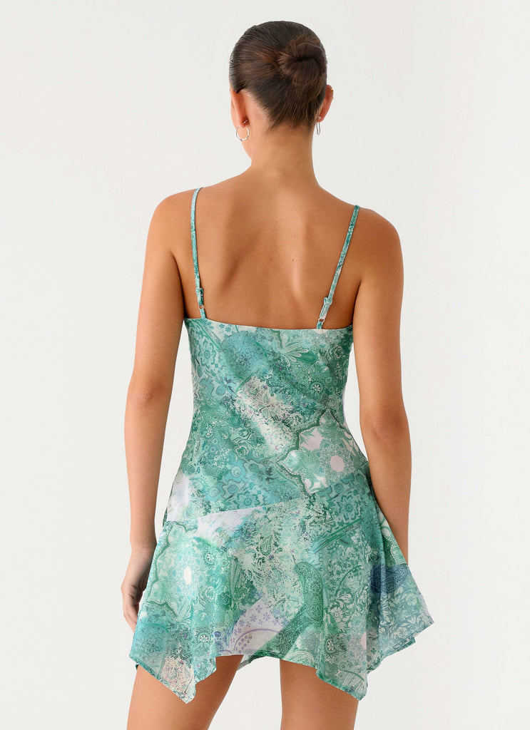 Marine Mist Asymmetric Hem Mini Dress - Green Paisley Peppermayo US Marine Mist Asymmetric Hem Mini Dress - Green Paisley Peppermayo US