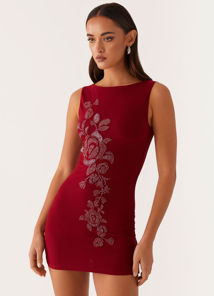 Matteo Beaded Mesh Mini Dress - Deep Red