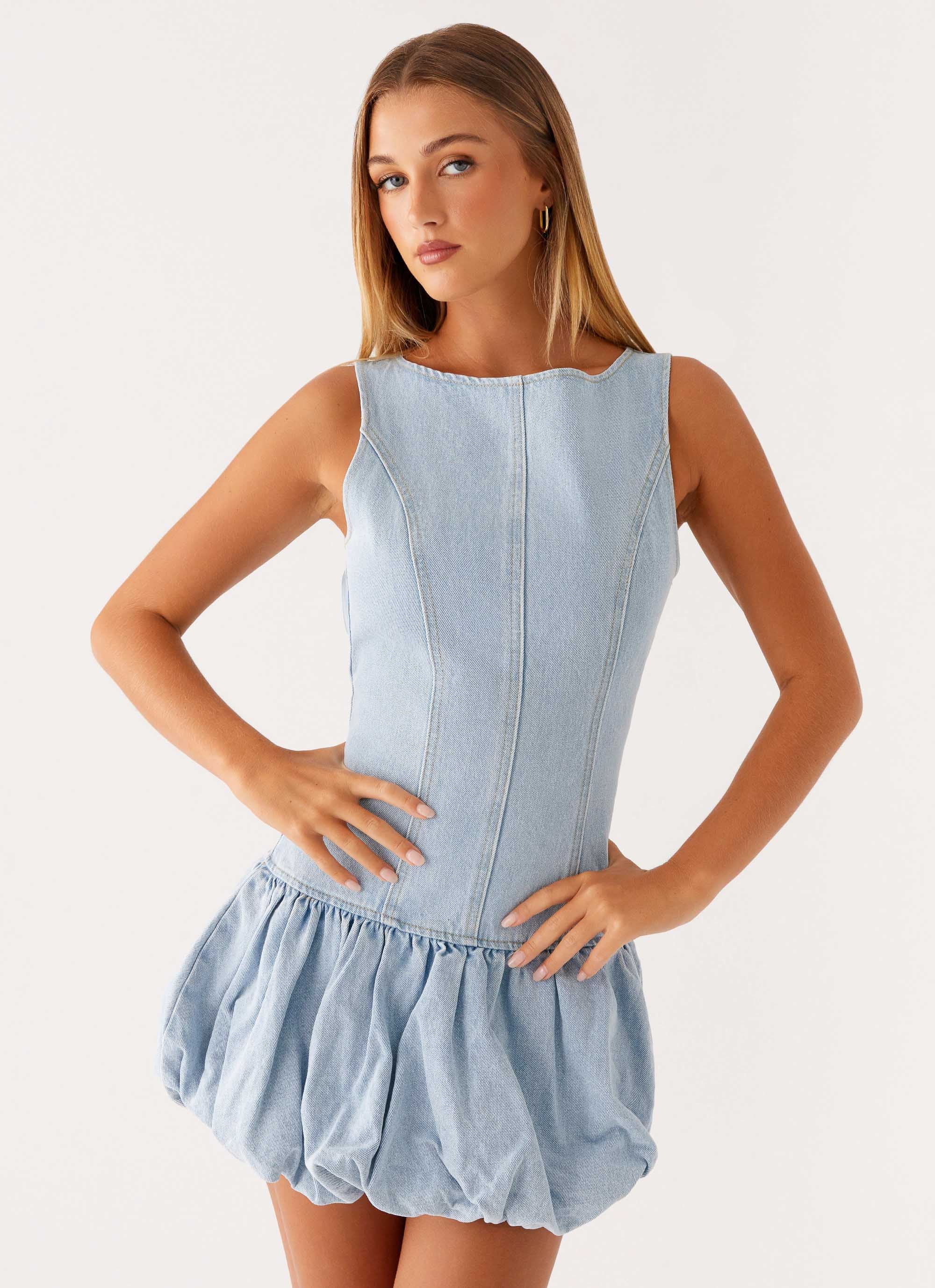 Meg Bubble Denim Mini Dress - Blue Peppermayo US Meg Bubble Denim Mini Dress - Blue Peppermayo US