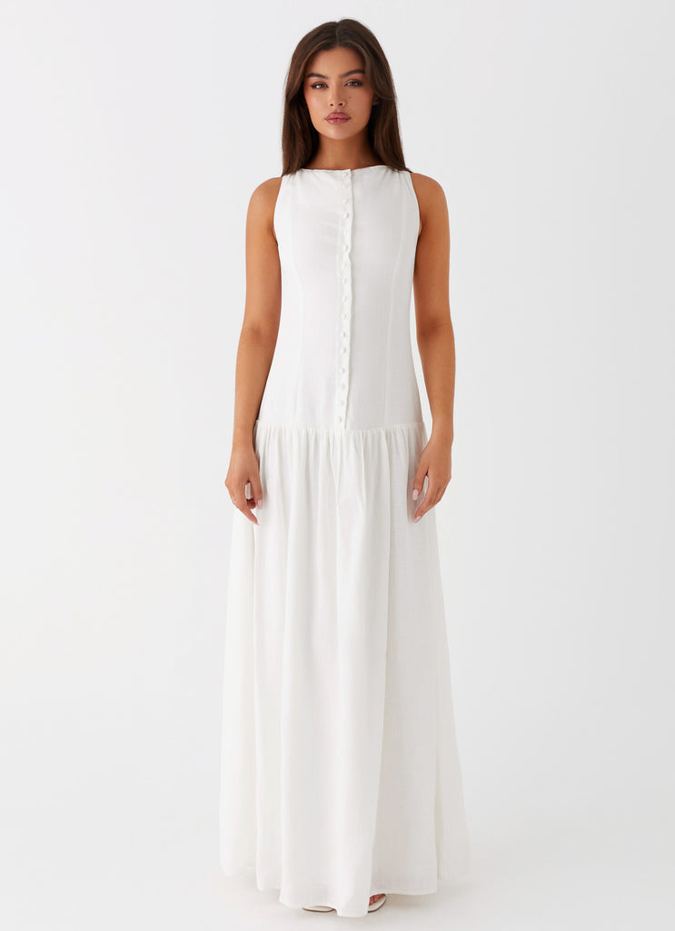 Womens Meggie Linen Maxi Dress in the colour White in front of a light grey background