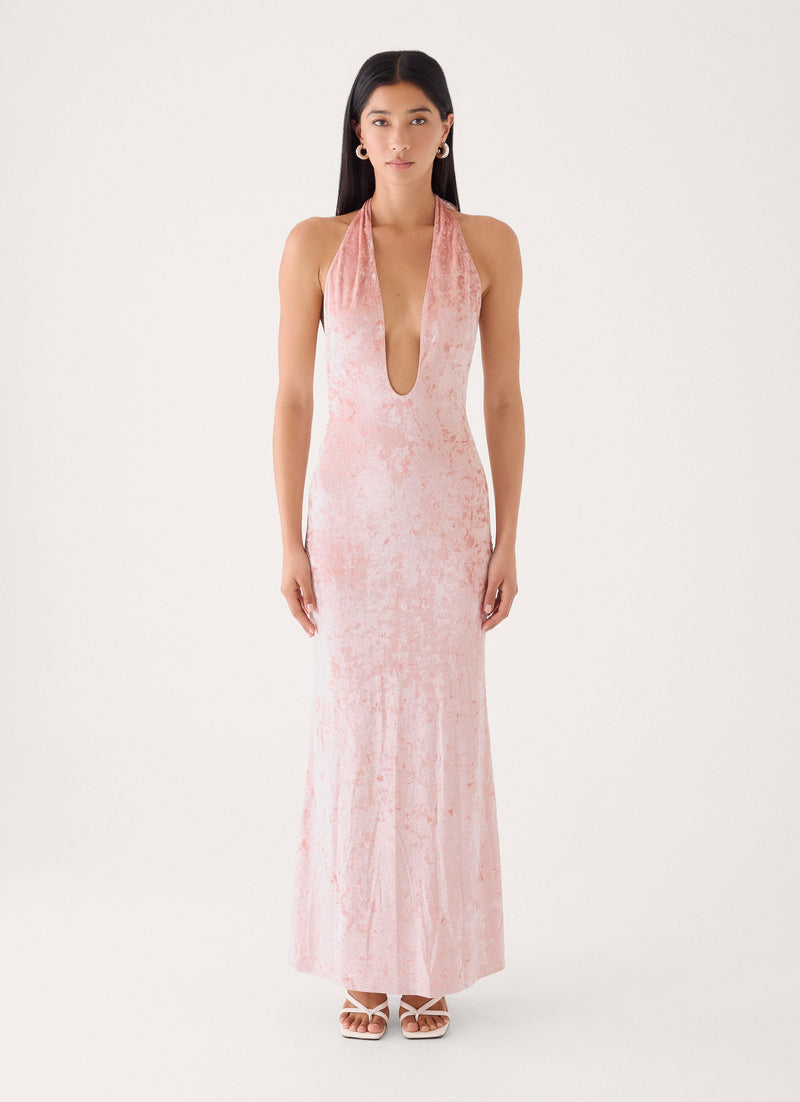 Memory Lane Crushed Velvet Halter Maxi Dress - Soft Pink
