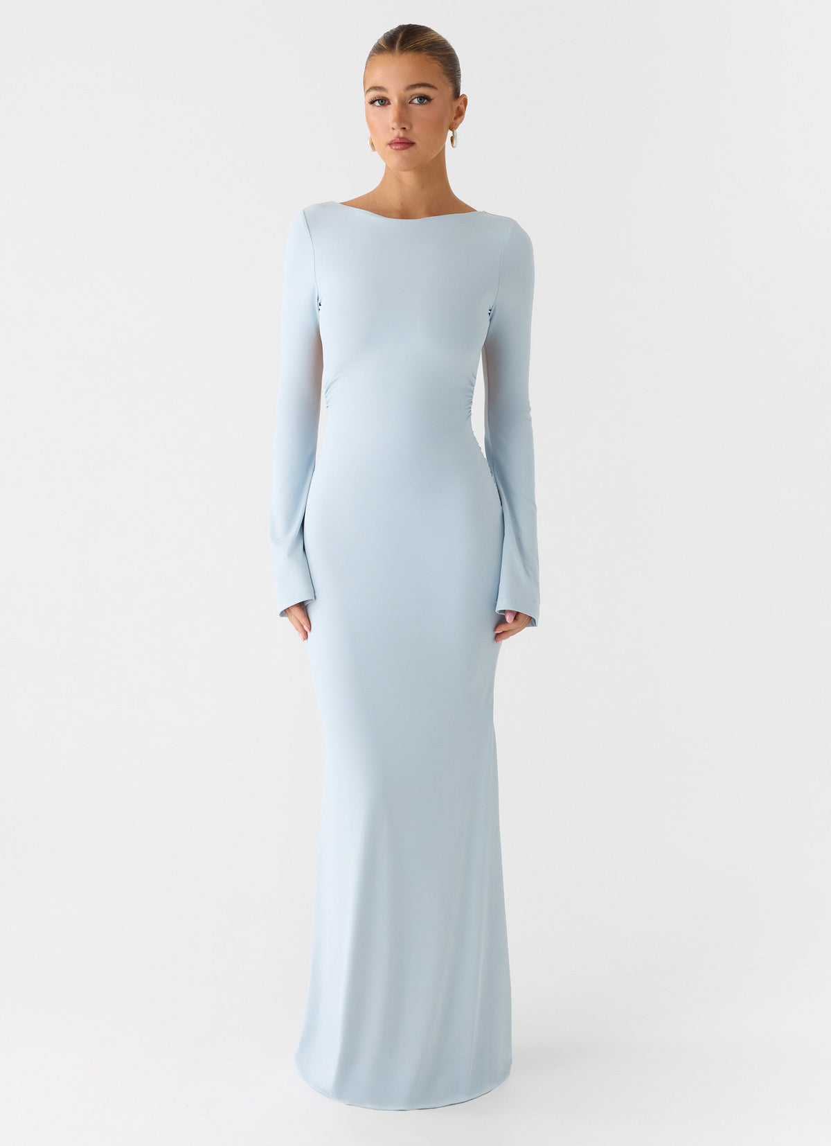 long sleeve maxi blue dress Mystical Draped Concealed zip on the side Friends To Lovers Long Sleeve