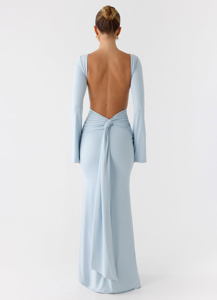 long sleeve blue backless dress By Anthropologie Long-Sleeve Backless Sheer Ruffle Mini Dress