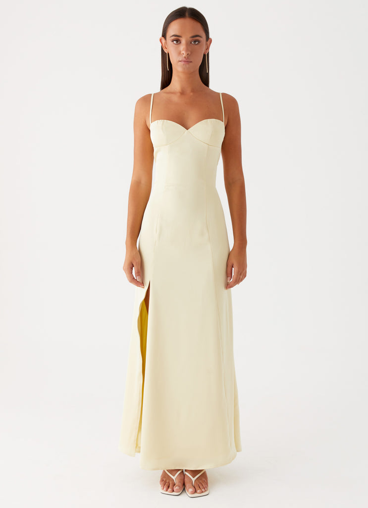 Womens Miss Bloom Maxi Dress in the colour Lemon in front of a light grey background