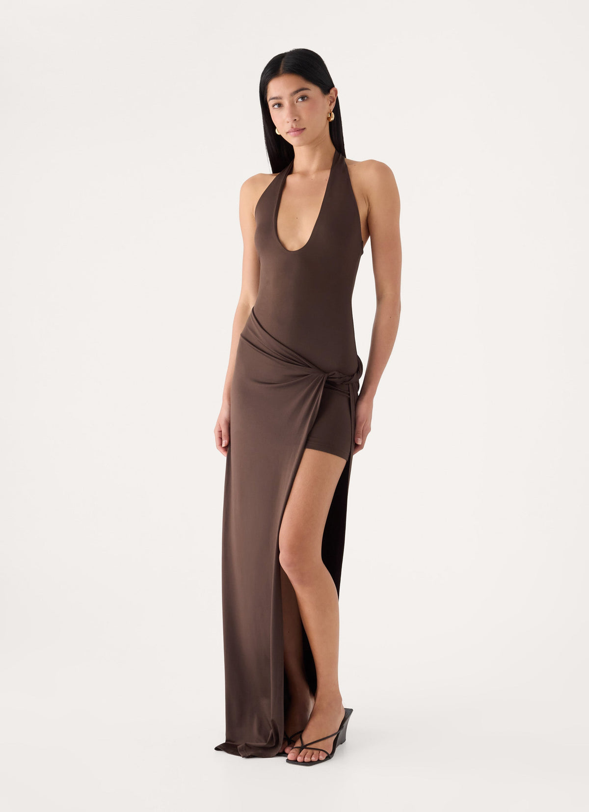 Monna Halter Wrap Maxi Dress - Chocolate