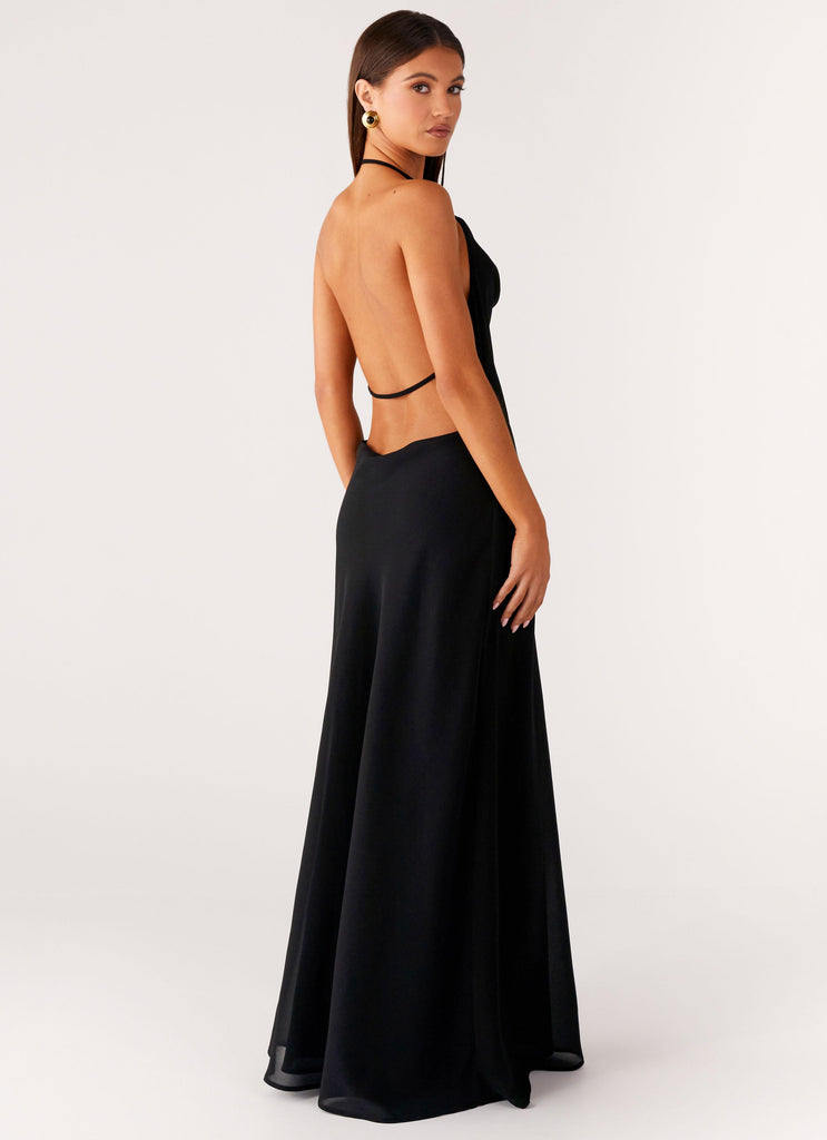 black morning dress Maxi black dress with ruffles & open shoulders