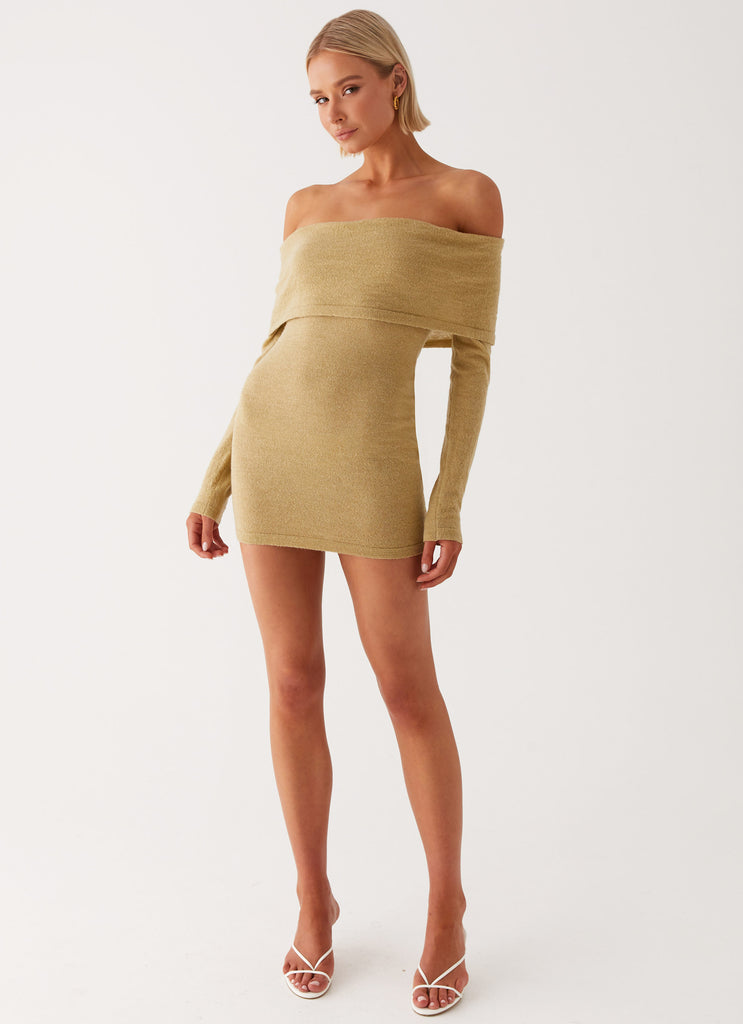 Womens Myla Off Shoulder Mini Dress in the colour Camel in front of a light grey background