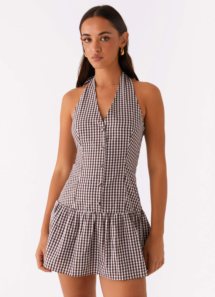 New Look Shirred Halter Mini Dress - Chocolate Gingham Peppermayo US New Look Shirred Halter Mini Dress - Chocolate Gingham Peppermayo US