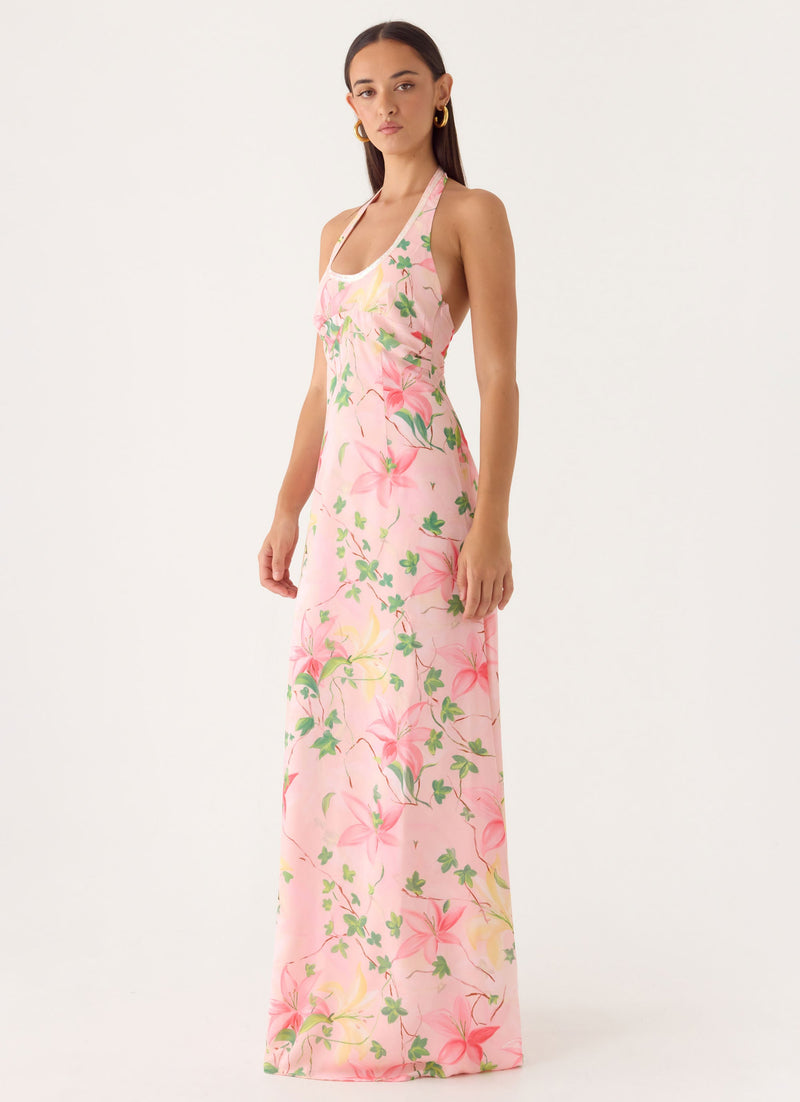 peppermayo pink flower dress Flora Satin Maxi its a piece that effortlessly blends sophistication with playful flair Peppermayo Pink Flower Maxi