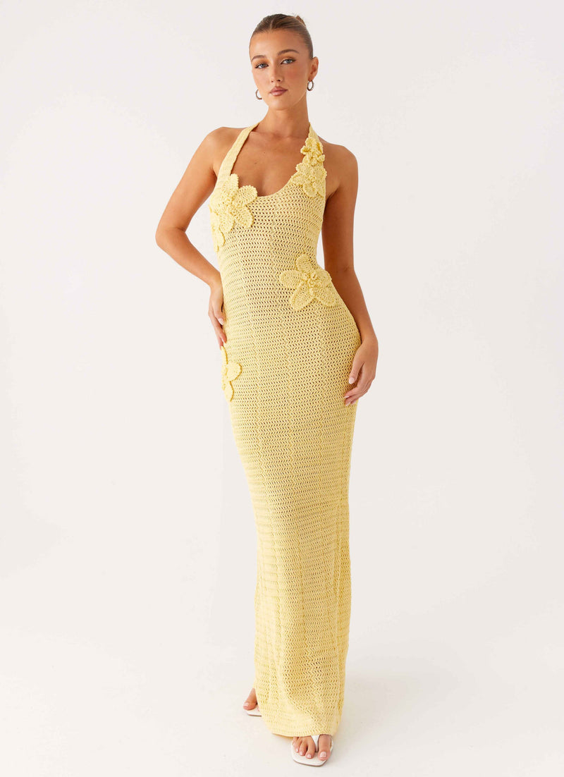 designer crochet dress Pattern appliqud floral trims accentuating the neckline and back Dramatic semi Women's Crochet Dresses | Cabo
