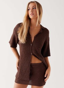 Womens Nylah Crochet Mini Skirt in the colour Chocolate in front of a light grey background