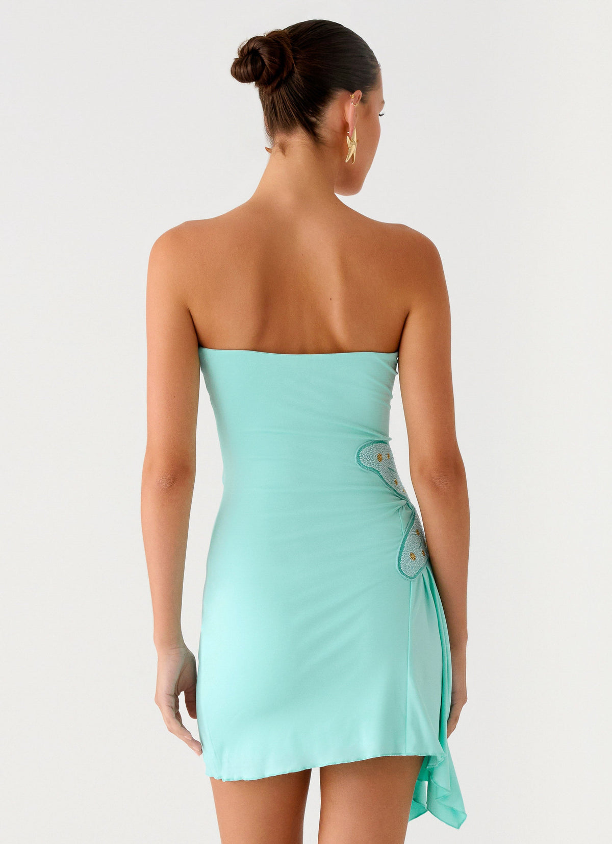 turquoise strapless dress Floral Sequin Mini 52530 while the shimmering sequin appliqus and daring thigh Luxury Turquoise Crystal Strapless Evening