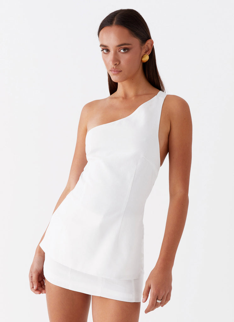 Womens Olsen Linen One Shoulder Top in the colour White in front of a light grey background