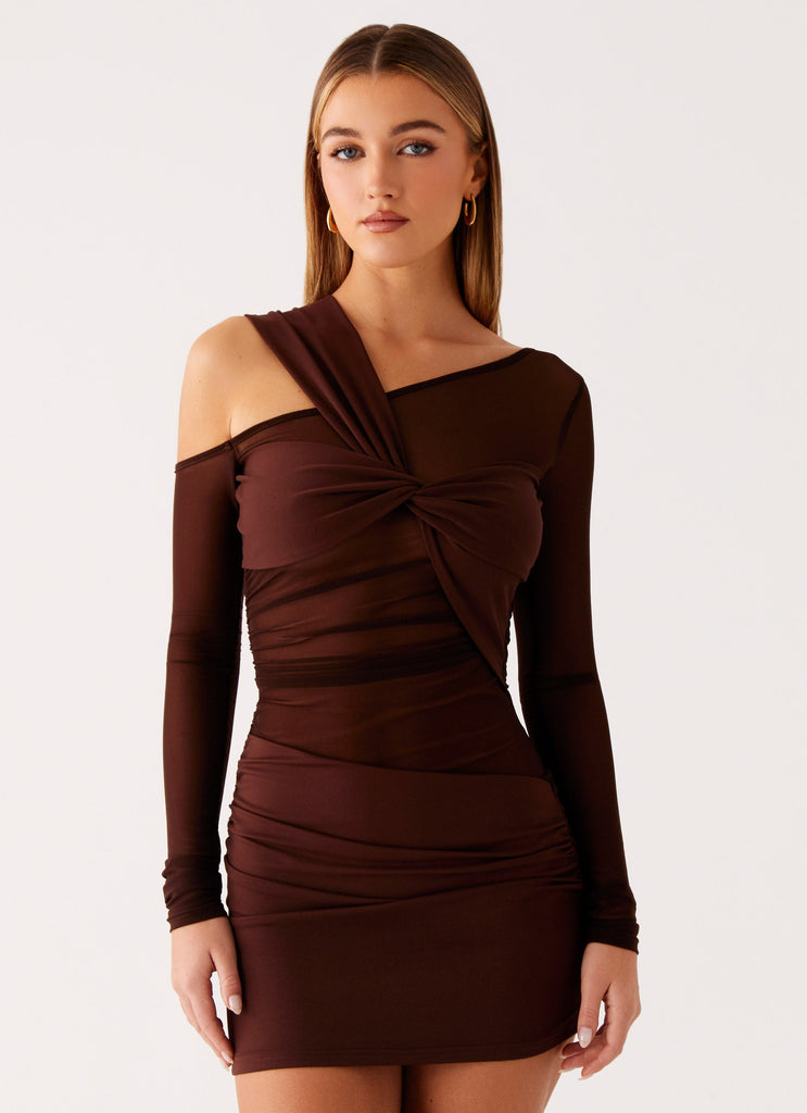 Ophelie Asymmetric Long Sleeve Mini Dress - Chocolate Peppermayo US Ophelie Asymmetric Long Sleeve Mini Dress - Chocolate Peppermayo US