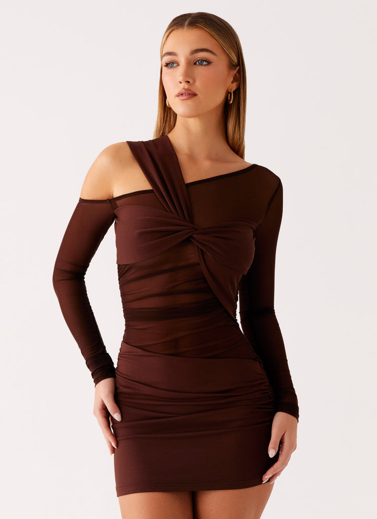 Ophelie Asymmetric Long Sleeve Mini Dress - Chocolate Peppermayo US Ophelie Asymmetric Long Sleeve Mini Dress - Chocolate Peppermayo US