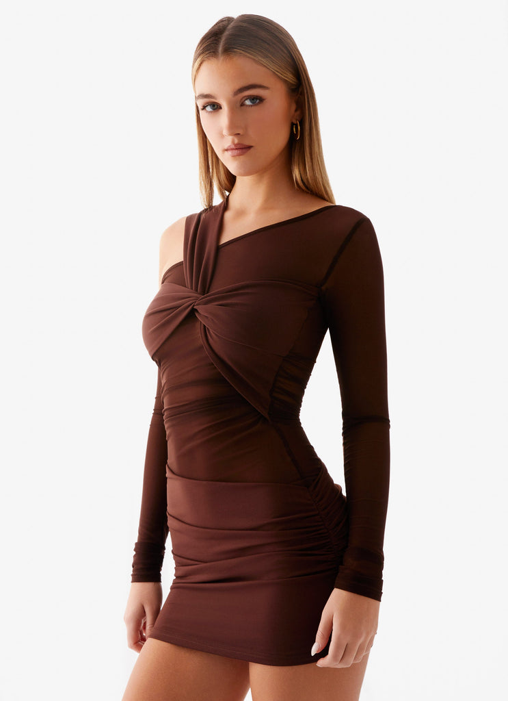 Ophelie Asymmetric Long Sleeve Mini Dress - Chocolate Peppermayo US Ophelie Asymmetric Long Sleeve Mini Dress - Chocolate Peppermayo US