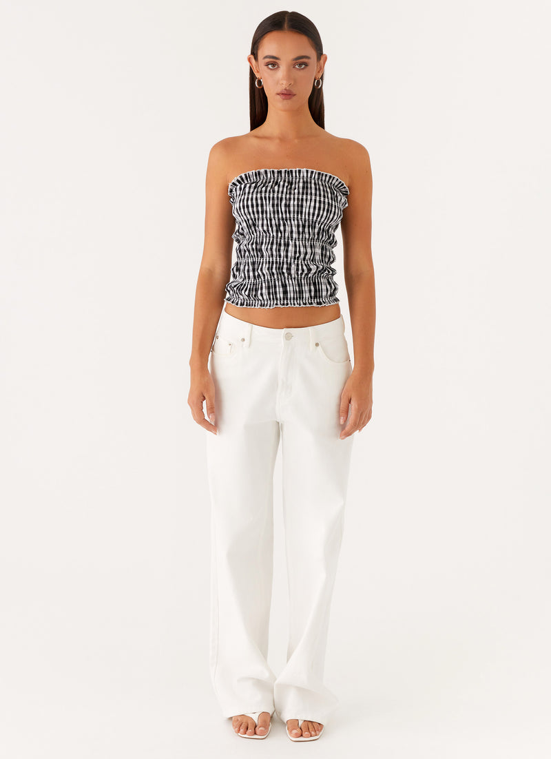 Orion Strapless Ruched Top - Black White Gingham